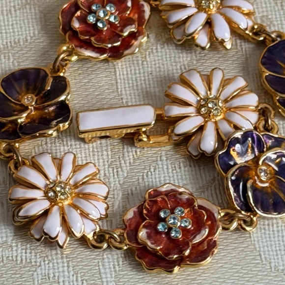 VTG MMA Imperial Wildflower Hand Enameled 22K Gold & Czech Crystals Bracelet - Picture 3 of 9
